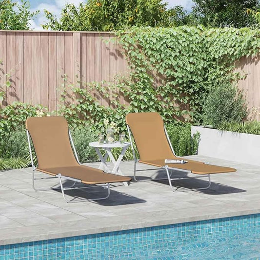 Folding Taupe Sunlounger, Set of 2, 71.7"x22", Steel Frame, Oxford Fabric, Adjustable Backrest & Armrest, 265 lb, Patio Pool Garden