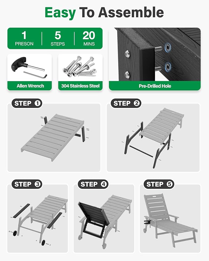 YEFU Lounge Chair Outdoor Chaise : Outdoor Chaise Lounge with 5-Level Adjustable Backrest, Cup Holders & Wheels, All-Weather Resistance Chaise Lounge for Outside/Patio/Beach/Deck, Black