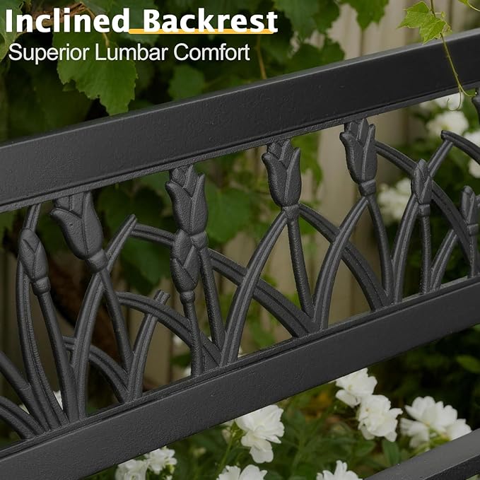 Outdoor Patio Bench 49 Inch, Black Cast Iron Garden Bench with Tulip Backrest, PVC Slat Porch Bench for Yard, Lawn, Deck, Entryway