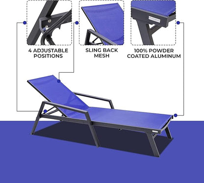 LeisureMod Marlin Patio Chaise Lounge Chair, Adjustable Outdoor Black Aluminum Lounge with Breathable Mesh Sling Back, Lightweight Poolside Reclining Sun Lounger Weather & UV Resistant (Navy Blue)