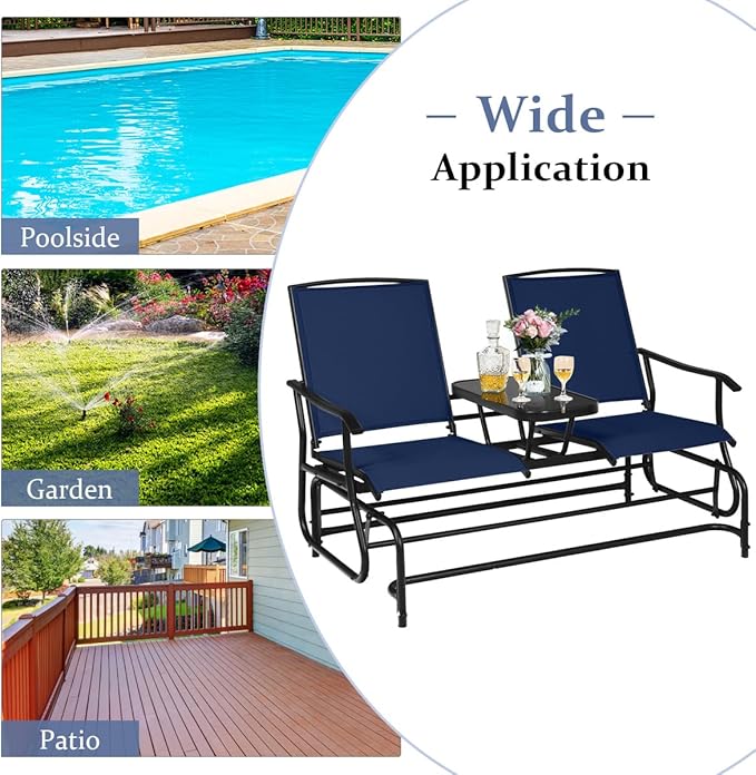 Giantex Outdoor Glider, Rocking Chair with Metal Frame, Center Tempered Glass Table, 2-Person Loveseat - Photo 8