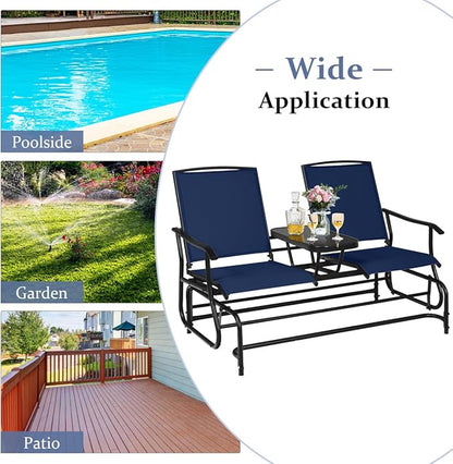 Giantex Outdoor Glider, Rocking Chair with Metal Frame, Center Tempered Glass Table, 2-Person Loveseat, Patio Glider Bench, Outside Swing Chair for Garden Yard Lawn Porch Patio Rocker (Navy)