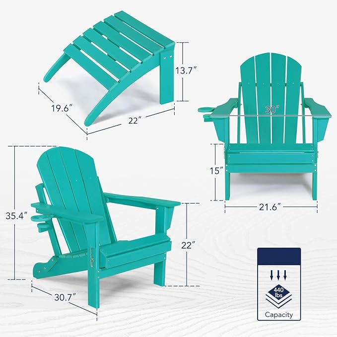 Adirondack Chair with Ottoman | Folding | Outdoor Patio Chair with Removable Footrest | HDPE Plastic All-Weather Resistant | Cup Holder | for Backyard and Garden | Turquoise