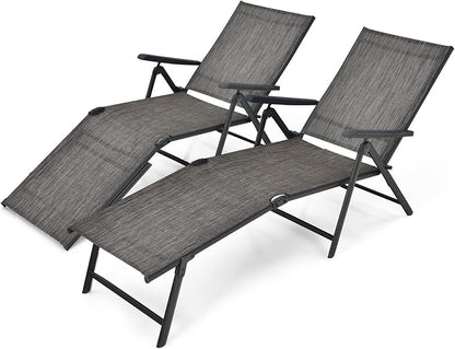 Giantex Set of 2 Patio Lounge Chair Foldable Chaise Lounger, Outdoor Sunbathing Chair W/ 5-Position Backrest, 2-Position Footrest, Portable Recliner for Yard, Lawn Tanning Pool Chairs (Grey)
