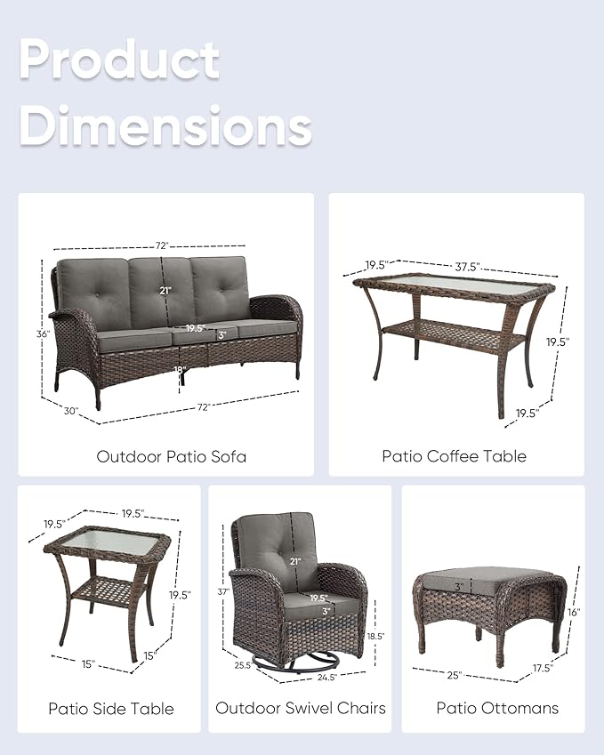 7 Pieces Outdoor Patio Furniture-Swivel Patio Chairs Set of 2 Outdoor Wicker Rattan Sofa Couch with Ottoman Outdoor Conversation Set for Deck Porch Garden Balcony Poolside-Brown/Grey