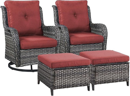 Rilyson Wicker Patio Furniture Set - 4 Piece Rattan Outdoor Sectional Conversation Sets with 2 Swivel Rocking Chairs,2 Ottomans for Porch Deck Garden(Mixed Grey/Red)