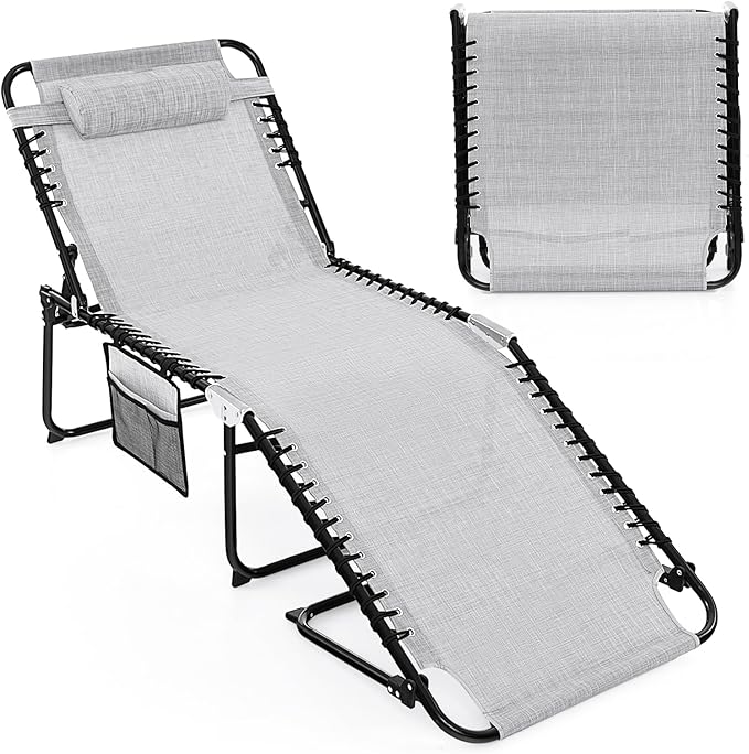 Goplus Chaise Lounge Chair Outdoor, Extra Large Folding 5-Postion Beach Lounger with Detachable Pillow, Side Pocket, Sunbathing Lounge Chair, Adjustable Tanning Chair for Patio Lawn Pool Yard