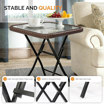 VINGLI 23.6in Modern Brown Rattan Folding Glass Outdoor Side Table, Small Patio Table with Tempered Glass Top,Rectangular,1 Pack