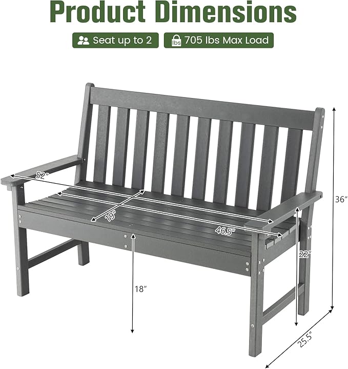 Tangkula HDPE Outdoor Garden Bench with Backrest, 2-Person All-Weather Patio Loveseat Chair with Slatted Seat, 705 lbs Weight Capacity, Patio Benches for Balcony, Garden, Porch, Backyard & Park, Grey