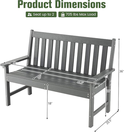 Tangkula HDPE Outdoor Garden Bench with Backrest, 2-Person All-Weather Patio Loveseat Chair with Slatted Seat, 705 lbs Weight Capacity, Patio Benches for Balcony, Garden, Porch, Backyard & Park, Grey