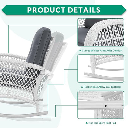 VIVIJASON 3-Piece Outdoor Conversation Bistro Set, Patio Wicker Rocking Chairs Rattan Furniture Sets w/ 2 Rattan Chairs, Cushions, Glass Top Side Table for Garden Porch Backyard (White Wicker/Grey)