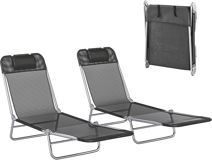 Outsunny 2 Piece Folding Chaise Lounge Chairs, Pool Sun Tanning Chairs with Reclining Back, Breathable Mesh Seat - Photo 1