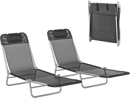 Outsunny 2 Piece Folding Chaise Lounge Chairs, Pool Sun Tanning Chairs with Reclining Back, Breathable Mesh Seat, Headrest for Beach, Yard, Patio, Black