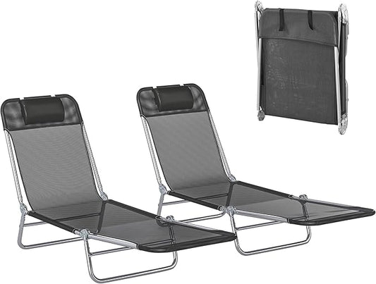 Outsunny 2 Piece Folding Chaise Lounge Chairs, Pool Sun Tanning Chairs with Reclining Back, Breathable Mesh Seat, Headrest for Beach, Yard, Patio, Black