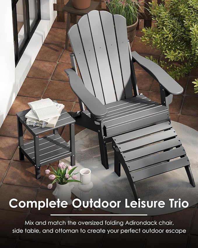 GREENVINES Oversized-Folding-Adirondack-Chairs-Set-of-2 | HDPE Plastic | Cup Holder | Fire Pit Chair | All Weather | for Outdoor Deck Backyard | Grey