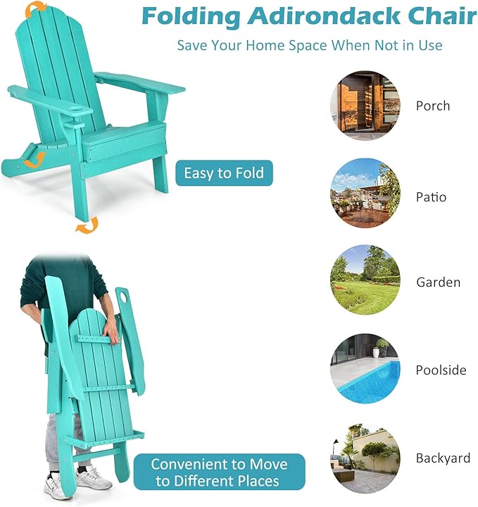 Tangkula Outdoor Folding Adirondack Chair, HDPE Armchairs with Cup Holder, Weather Resistant Lounger Chair for Patio Garden Fire Pit Backyard, Lawn Porch Seating, Adirondack Lounger (4, Turquoise)