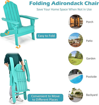 Tangkula Outdoor Folding Adirondack Chair, HDPE Armchairs with Cup Holder, Weather Resistant Lounger Chair for Patio Garden Fire Pit Backyard, Lawn Porch Seating, Adirondack Lounger (2, Turquoise)