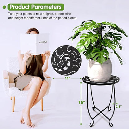 15 Inch Tall Metal Plant Stand Indoor Outdoor, Round Side Table with Swirl Pattern, Rust Resistant Iron Flower Pot Holder for Patio Garden Porch Living Room