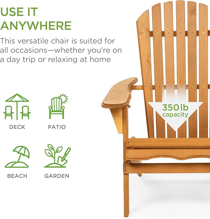 Best Choice Products Folding Adirondack Chair Outdoor Wooden Accent Furniture Fire Pit Lounge Chairs for Yard, Garden, Patio w/ 350lb Weight Capacity - Natural