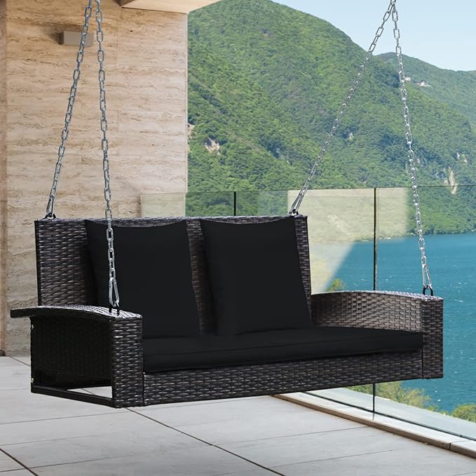 RELAX4LIFE Porch Swing 2-Seat Patio Rattan, Wicker Porch Swings Outdoor W/Two 7.9 Ft Solid Steel Chain - Photo 2