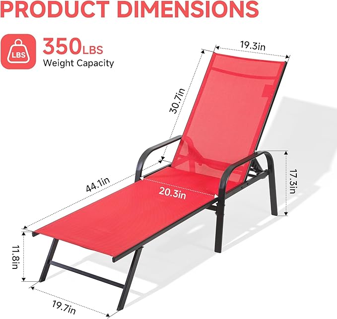 Simple Delxue Folding Chaise Lounge Chair with 5 Reclining Positions, Beach Recliner Chair with Armrests - Photo 2