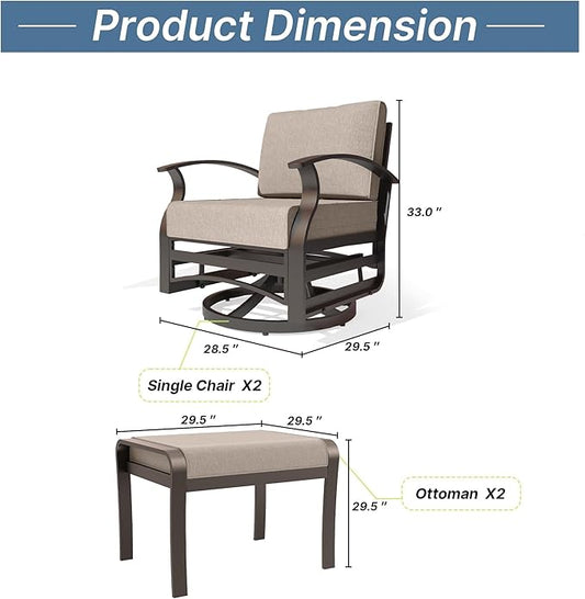 Gotland 4 Piece Patio Set, Metal Outdoor Swivel Chairs Set of 2 with 2 Ottoman 5.1’’ High-Resilience Seat Cushions Removable Cushions, Aluminum Patio Furniture Set for Lawn, Porch, Balcony, Khaki