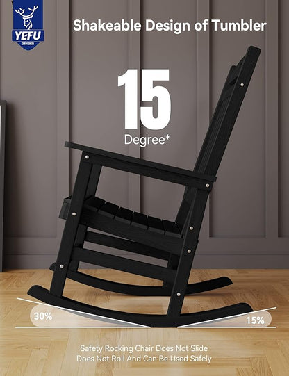 YEFU Outdoor Rocking Chair Porch: Outdoor Patio Rocking Chairs-Oversized Rocker Chair-All Weather Poly Rocker Lawn Chairs for Adult-Seat Area 22"x21"-Backrest Height 31"-380lbs Weight Capacity-Black