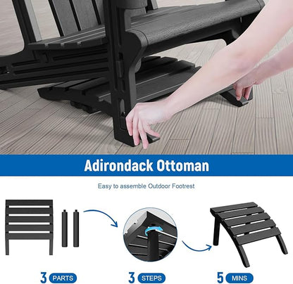 FONTOI Adirondack Ottoman, HDPE Plastic Adirondack Chair Footstool, All Weather Outdoor Footrest for Patio, Backyard, Lawn, Fire Pits, Black