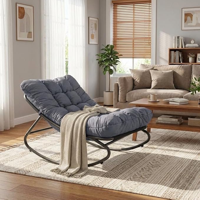 GarveeLife Outdoor Rocking Chair with Cushion, Metal Frame Patio Glider Chair with Oxford Fabric Seat, Thick Padded Lounge Rocker for Garden, Porch, Balcony & Backyard – Gray
