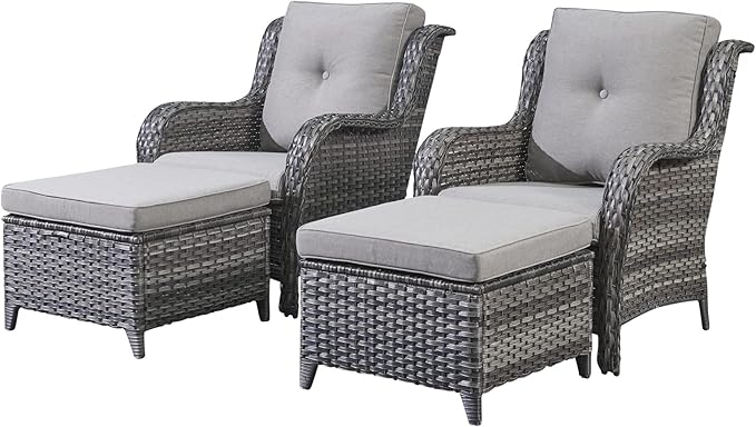 HUMMUH 4 Pieces Patio Bistro Set Wicker Patio Chairs Set of 2 with Ottomans Rattan Outdoor Furniture Conversation Set for Yard,Garden,Porch…