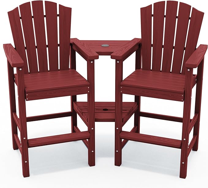 KINGYES Tall Adirondack Chair Set of 2, HDPE Tall Adirondack Barstools with Double Connecting Trays, Embossed Bar Height Adirondack Chair for 2, All Weather Balcony Adirondack Chairs for Balcony, Red