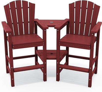KINGYES Tall Adirondack Chair Set of 2, HDPE Tall Adirondack Barstools with Double Connecting Trays, Embossed Bar Height Adirondack Chair for 2, All Weather Balcony Adirondack Chairs for Balcony, Red