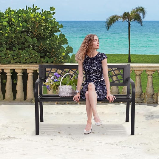 Garden Bench Anti-Rust Metal Patio Park Benches Waterproof Outdoor Cast-Iron Bench with Mesh Pattern Plastic Backrest Armrests,Black