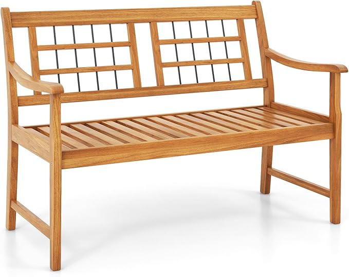Tangkula Patio Acacia Wood Bench, Wooden 2-Person Outside Chair w/Curved Armrests, Slatted Seat & Backrest, Outdoor Loveseat for Backyard, Balcony, Garden, 800 lbs Max Load
