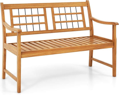 Tangkula Patio Acacia Wood Bench, Wooden 2-Person Outside Chair w/Curved Armrests, Slatted Seat & Backrest, Outdoor Loveseat for Backyard, Balcony, Garden, 800 lbs Max Load