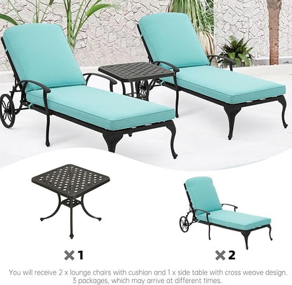 Chaise Lounge Outdoor Chair with Side Table, Adjustable Reclining Rust-Resistant Aluminum Cast Poolside Chaise with Convenient Wheels, Outdoor Lounge Furniture Set of 3, (Blue)