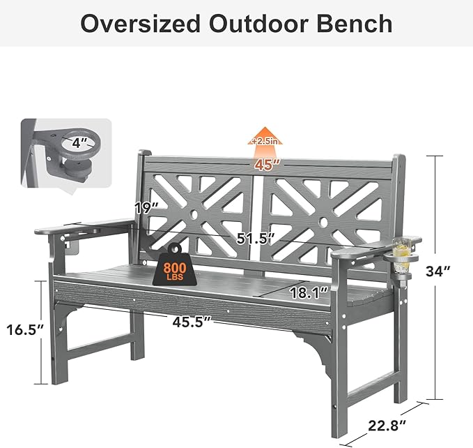 Oversized Outdoor Bench Set of 2, 51.5” HDPE Aesthetic Garden Bench with Cup Holders, Memorial Benches - Easy Assembly & All Weather, for Porch & Patio, 800lbs Load Capacity (Grey)