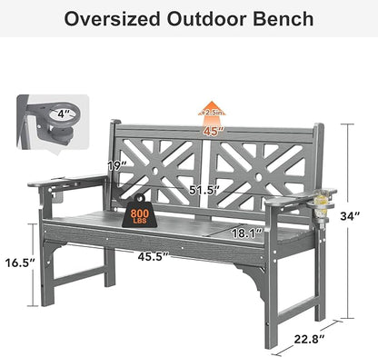 Oversized Outdoor Bench Set of 2, 51.5” HDPE Aesthetic Garden Bench with Cup Holders, Memorial Benches - Easy Assembly & All Weather, for Porch & Patio, 800lbs Load Capacity (Grey)