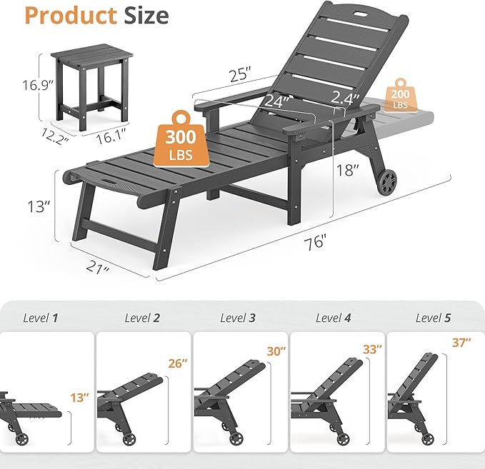 LUE BONA Chaise Lounge Chair with Table, 3-Piece, HDPS Chaise Lounger, 5 Positions Adjustable Lounge Chairs - Photo 2