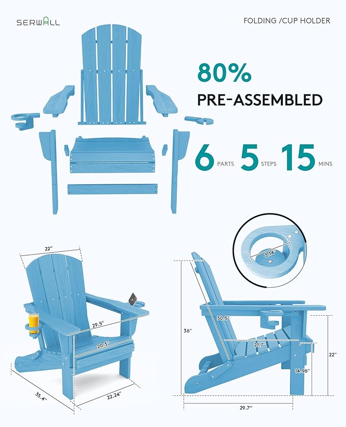 SERWALL Adirondack Chair with Cup Holders - Composite Adirondack Chairs HDPE Outdoor Chairs All Weather Use- Light Blue - Photo 3