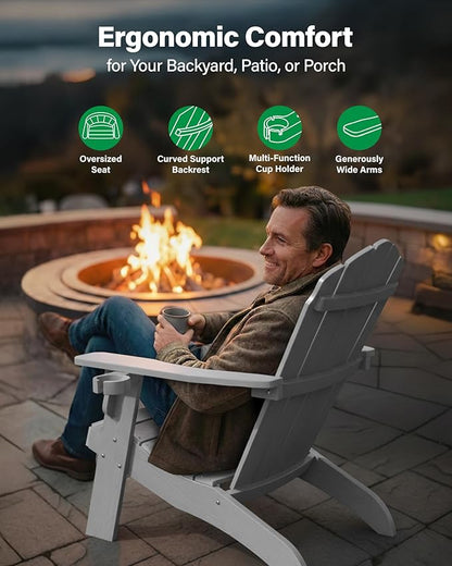 YEFU Oversized Plastic Adirondack Chair with Cup-Holder (Large Dual-Purpose), Weather Resistant, Poly Lumber Outdoor Chairs Duty Rating Widely Used in Patio, Lawn, Outside, Deck, Garden Chairs-Grey
