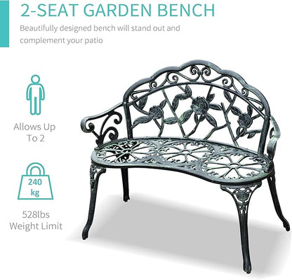Outsunny Outdoor Bench, Cast Aluminum Outdoor Furniture, Metal Bench with Floral Rose Accent & Antique Finish, Green