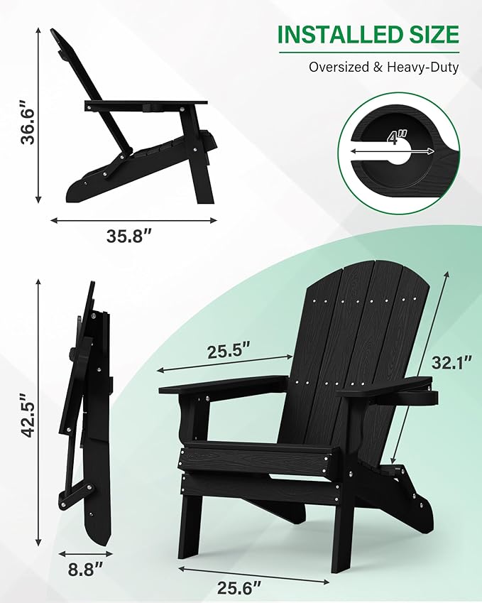 YEFU Adirondack Chair, Oversized Plastic Adirondack Chair Folding Outdoor Chairs with Cup Holder - Photo 3