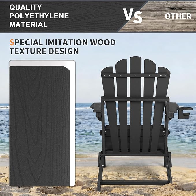 FUNBERRY Folding Adirondack Chairs Set of 2, All Weather HDPE Wood Texture Fire Pit Chairs with Cup Holder for Outdoor - Photo 4