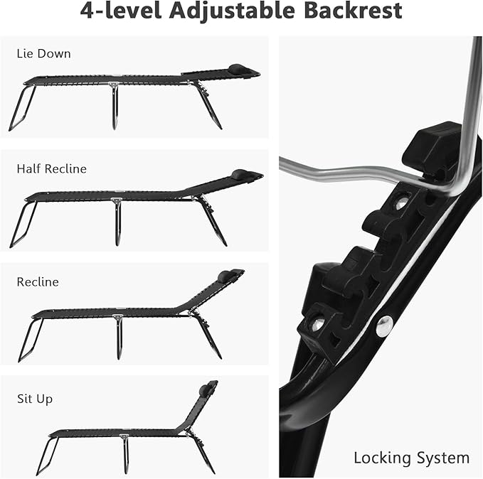 GYMAX Tanning Chair, Extra High Lounge Chair with Removable Pillow, Detachable Side Pocket & Adjustable Backrest, Folding Chaise Lounger for Sunbath, Layout Beach Chair for Indoor/Outdoor (2, Black)
