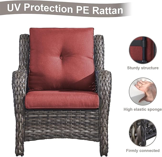 HUMMUH Outdoor Furniture 5 Pieces Patio Furniture Set Wicker Outdoor Sectional Sofa with 2 Patio Chairs,Ottomans(Grey/Red)