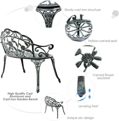 Patio Outdoor Park Loveseat Bench for Garden Porch Deck Made Cast Iron Anti-Rust Aluminum Metal, 2-3 Seater (38.5" Inch Aluminum Outdoor Rose Green Bench)