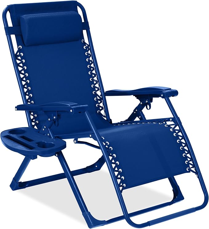 Best Choice Products Adjustable Zero Gravity Chair, Monochromatic Color Folding Patio Recliner w/Side Tray, Headrest - Marine