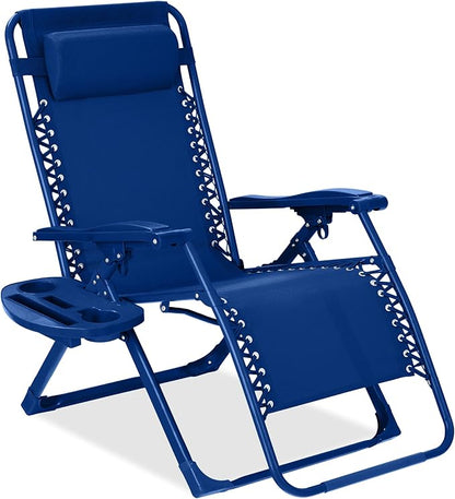 Best Choice Products Adjustable Zero Gravity Chair, Monochromatic Color Folding Patio Recliner w/Side Tray, Headrest - Marine