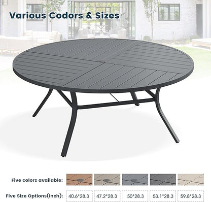 Patio Dining Table for 8-10, Round Metal Outdoor Table with Storage Shelf, 1.57" Umbrella Hole, 60" Outdoor Quartered Tabletop Dining Table for Backyard, Porch, Lawn, Dark Grey